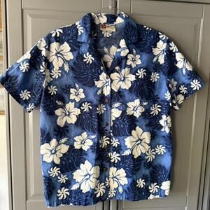 HILO HATTIE Classic Hibiscus‎ Print Aloha Shirt ,Blue, S
